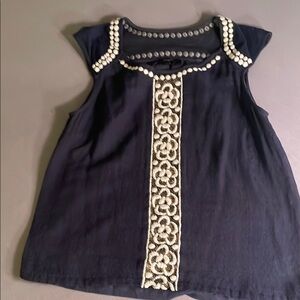 Anthropologie Dark Blue Sleeveless Top with White and Gold Embellishments